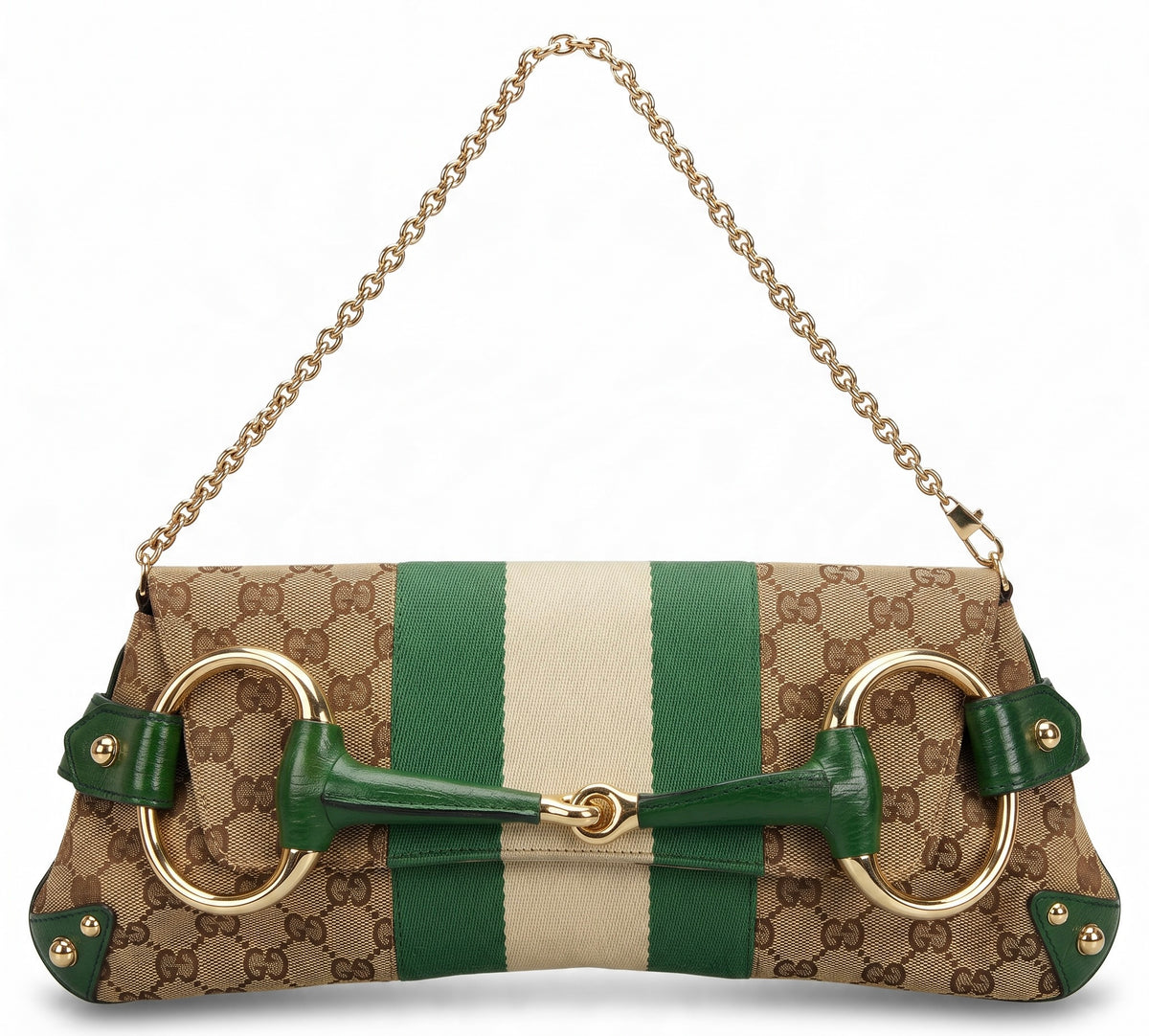 Gucci Large 1955 Tom Ford Classic Green Ivory GG Monogram Horsebit Clutch Handbag GHW