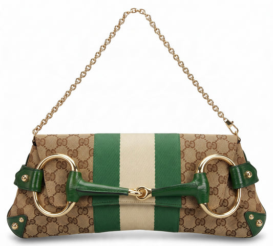 Gucci Large 1955 Tom Ford Classic Green Ivory GG Monogram Horsebit Clutch Handbag GHW