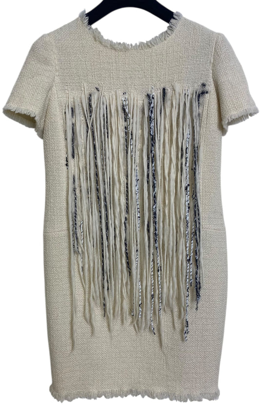 Chanel 10A ‘Arctic Ice’ Micro Pearl Beaded Fringe Ivory Tweed Shift Dress FR 44
