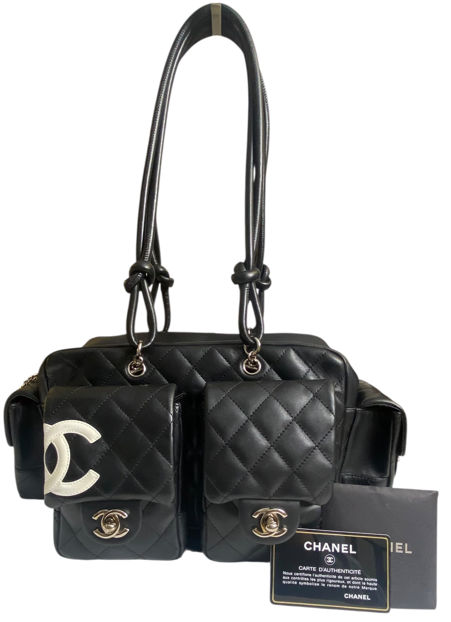 Chanel 2005 Small Cambon Reporter Black White Lambskin Handbag SHW