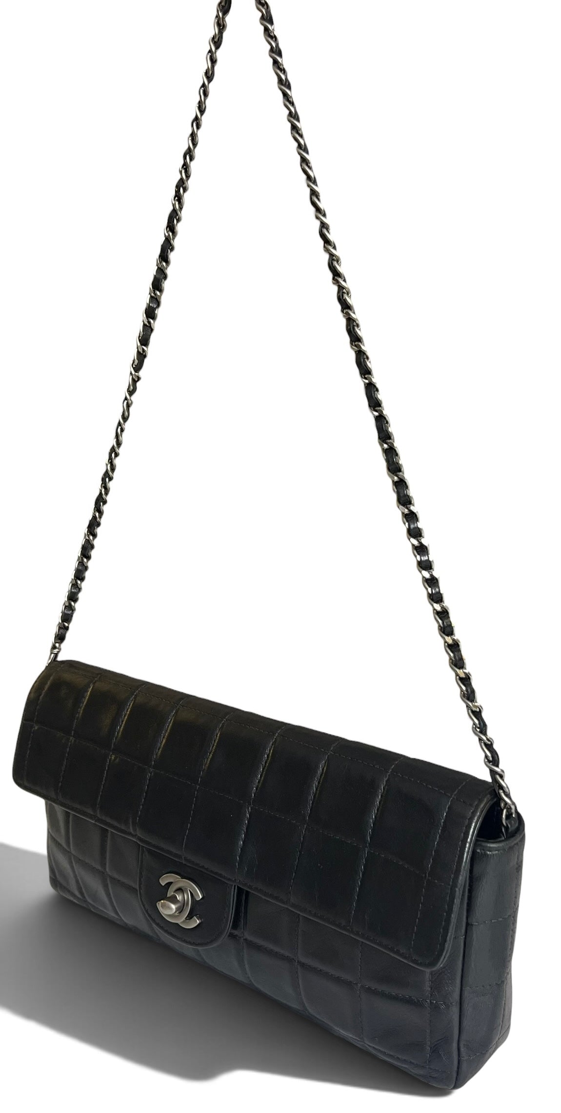 Vintage Chanel Black Lambskin East West Chocolate Bar Flap SHW
