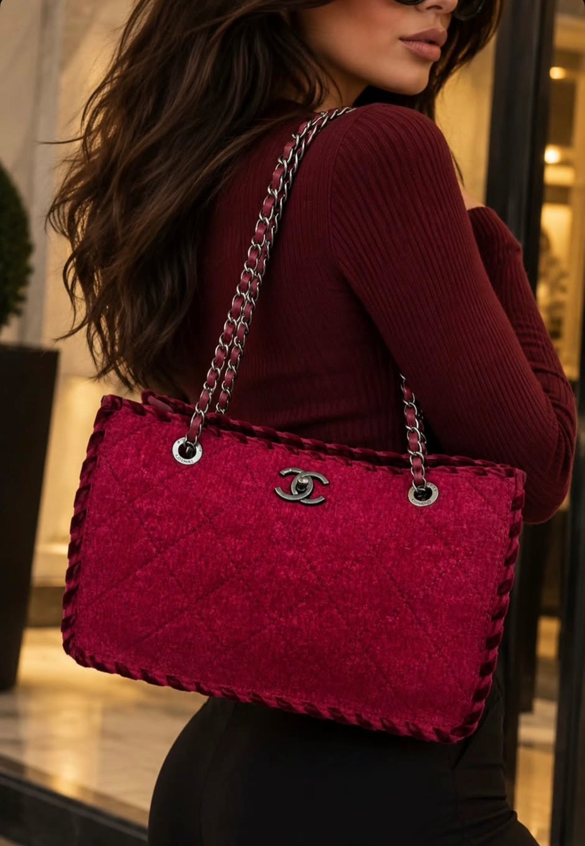 Chanel 13A Edinburgh Raspberry Red Medium Wool Quilted Shopping Tote Bag