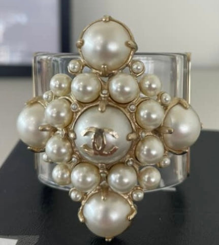 Rare Chanel 13S CC Pearl Medallion Clear Resin Cuff Bracelet