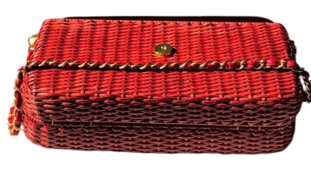 Chanel Extremely Rare 2001 Spring Red Wicker Basket Classic Flap Handbag with Matte Gold Hardware