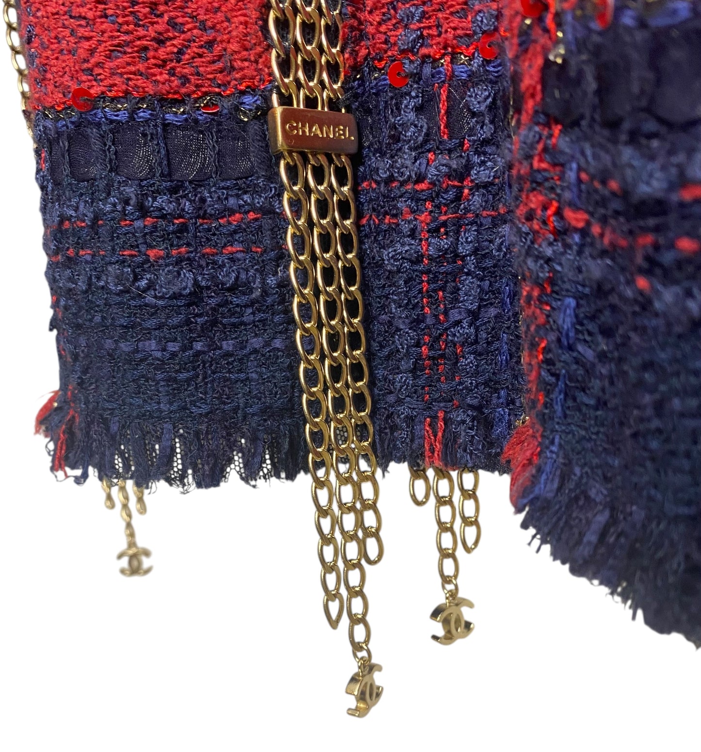 RARE CHANEL 08P RUNWAY BLUE RED GOLD CC CHAINS TWEED JACKET FR 44