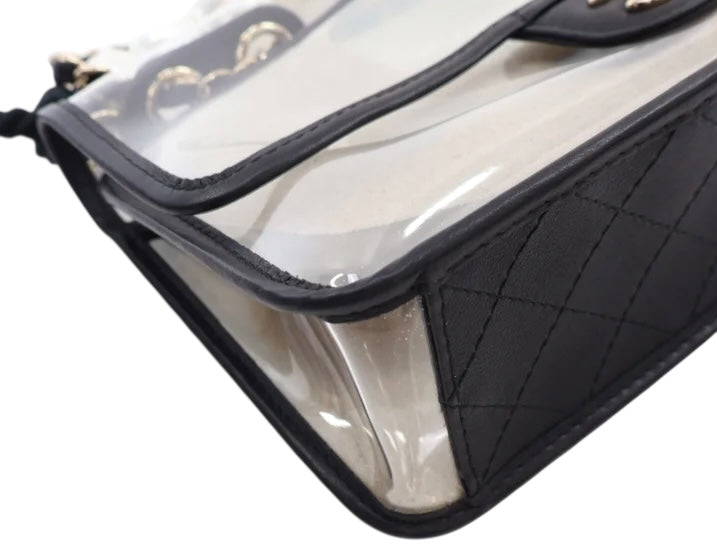 Chanel 19S Runway Medium Black Lambskin PVC Sand By The Sea Pearl Strap Flap Bag