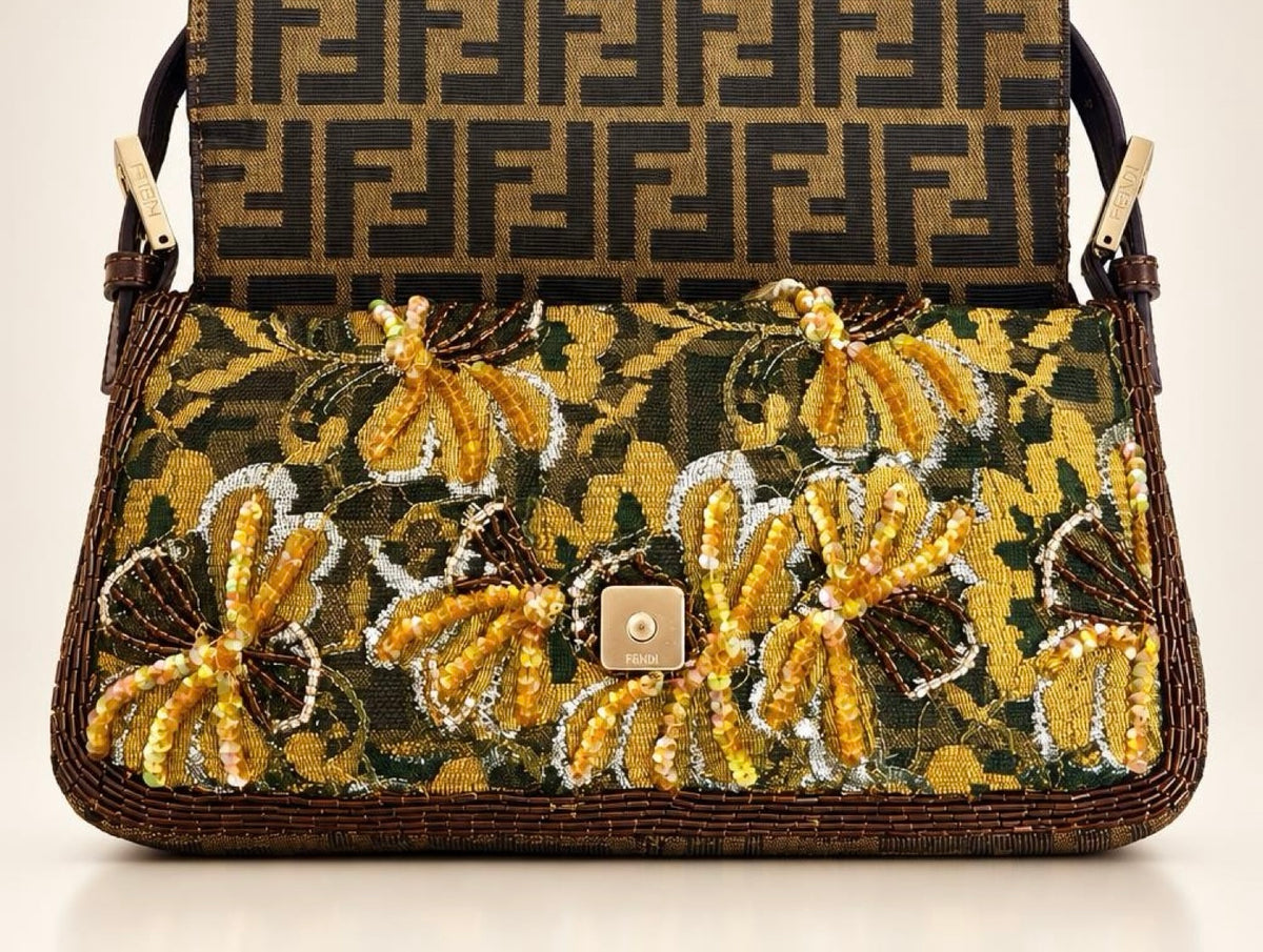 Rare Fendi Vintage Floral Lace Bead Embroidered Classic Zucca Baguette Bag