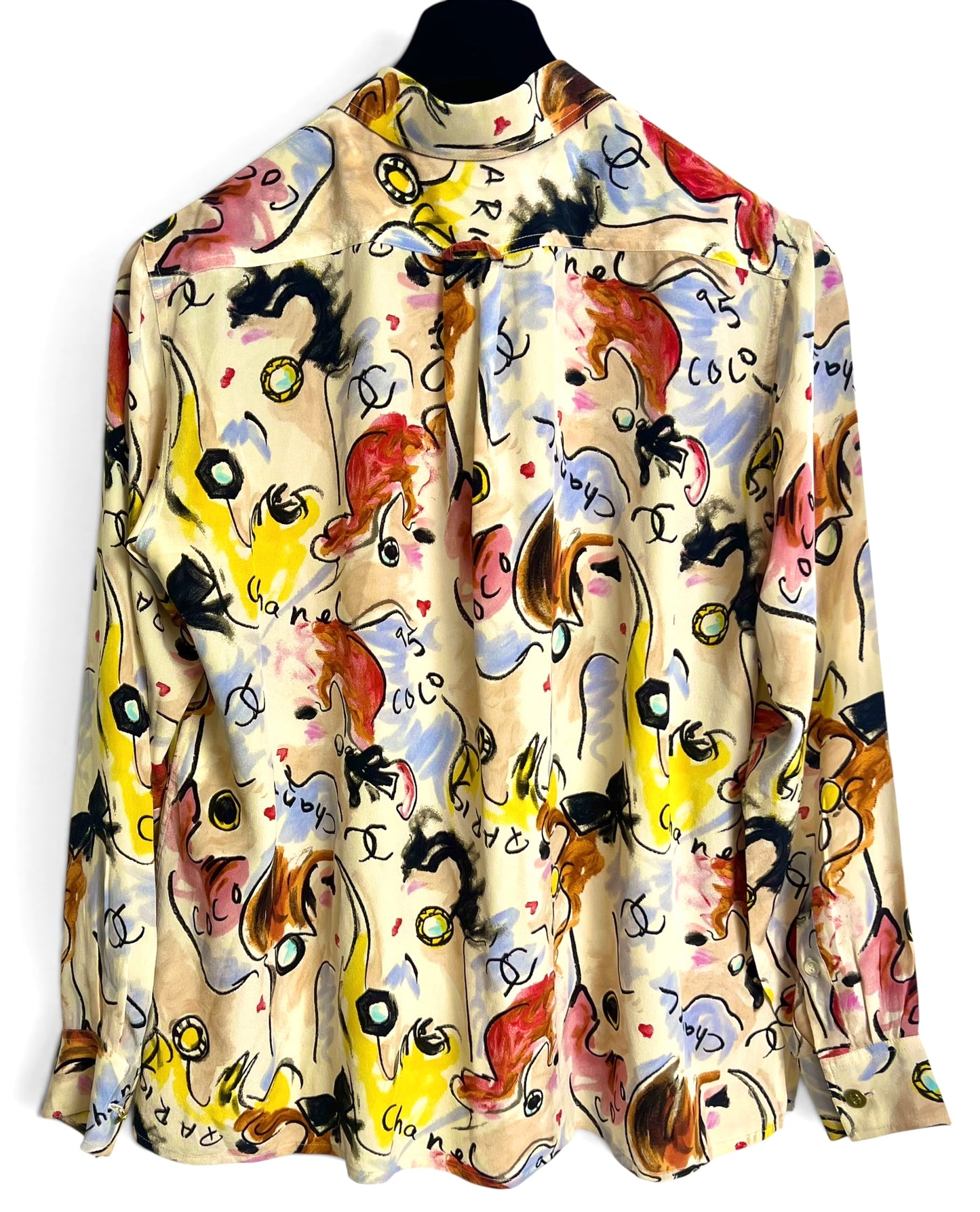 Iconic Chanel 95P Barbie Collection CC Multicolor 100% Silk Logo Blouse FR 42/44