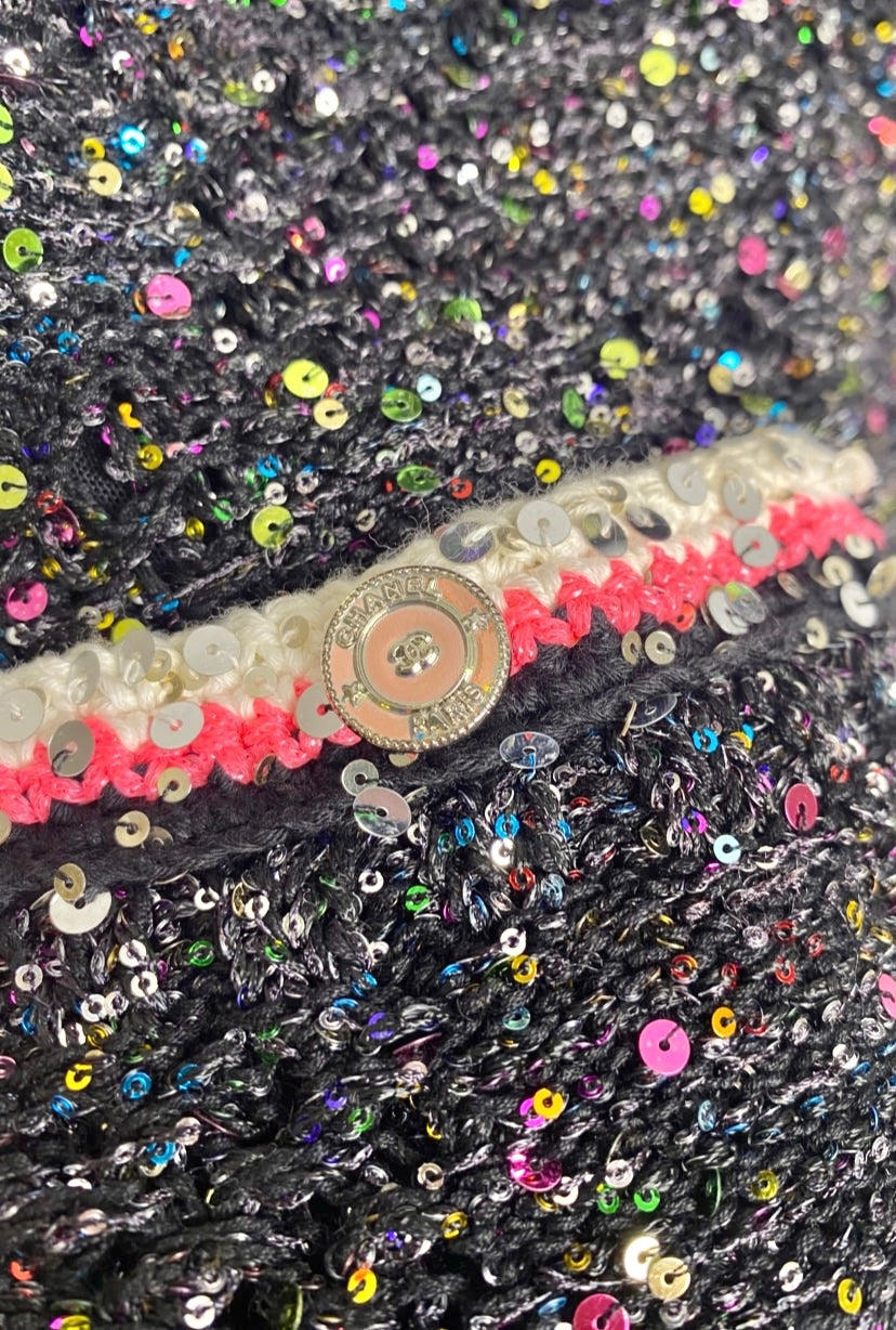 Chanel 24C Multicolor Black Pink White Knit Sequin Dress FR 40