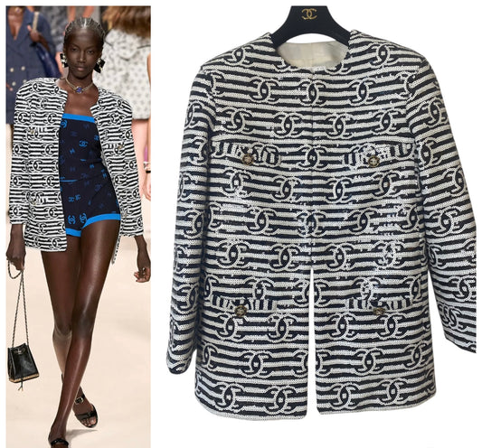 Chanel 22S Runway Sequin CC Logo Black and White Jacket FR 40