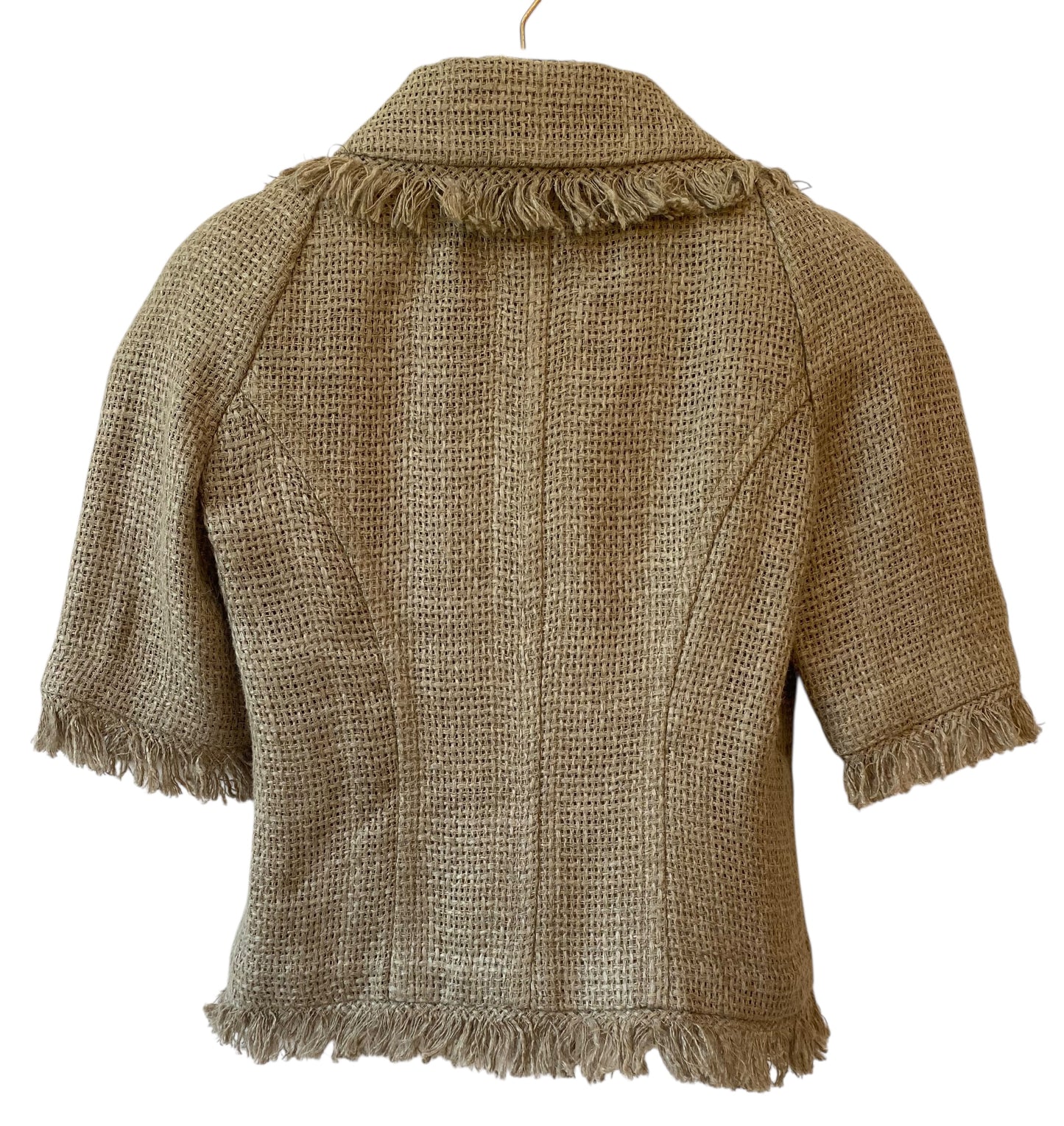 Chanel 18C Paris Greece Beige Horse Motif Button Raffia Linen Jacket FR 38