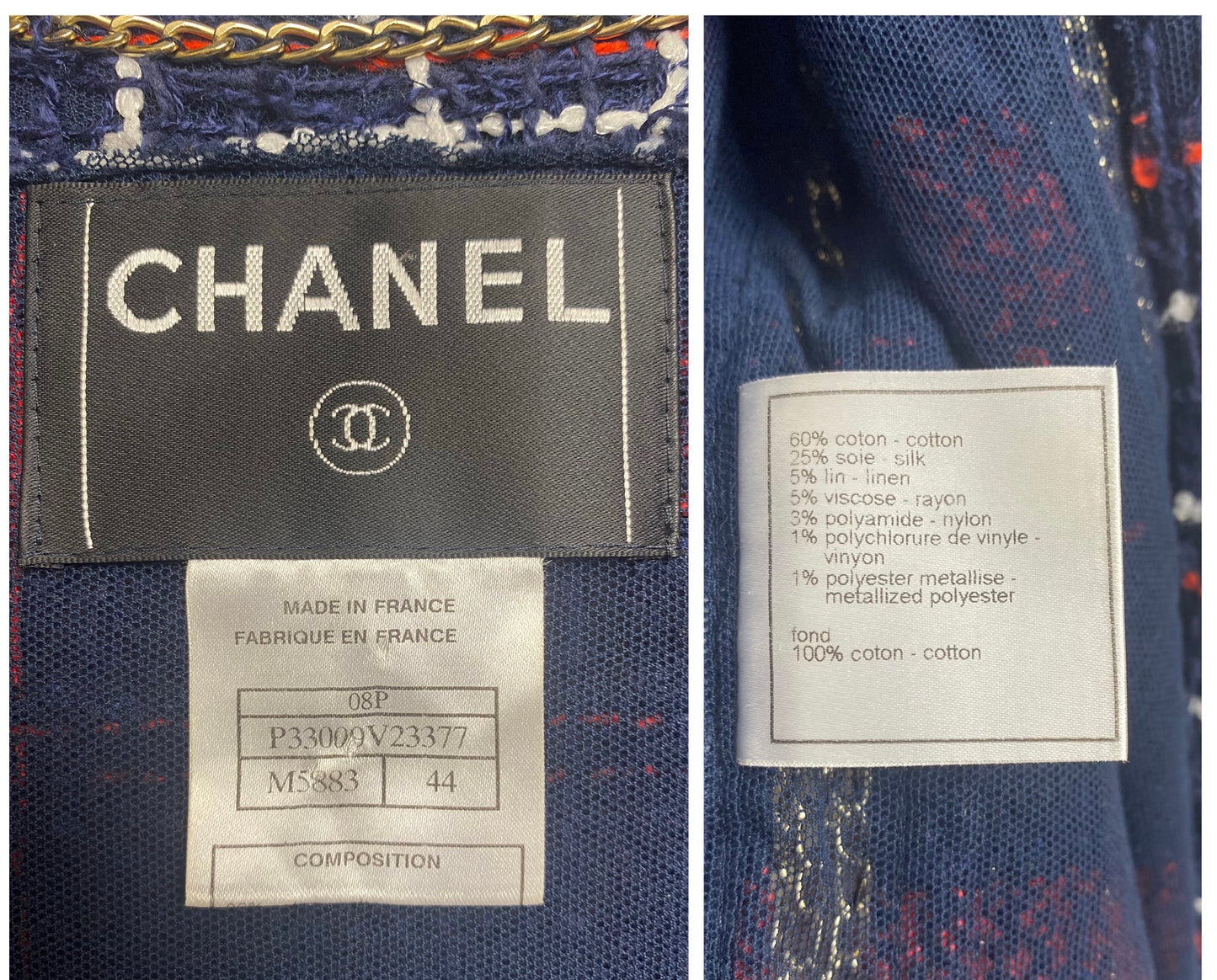 RARE CHANEL 08P RUNWAY BLUE RED GOLD CC CHAINS TWEED JACKET FR 44