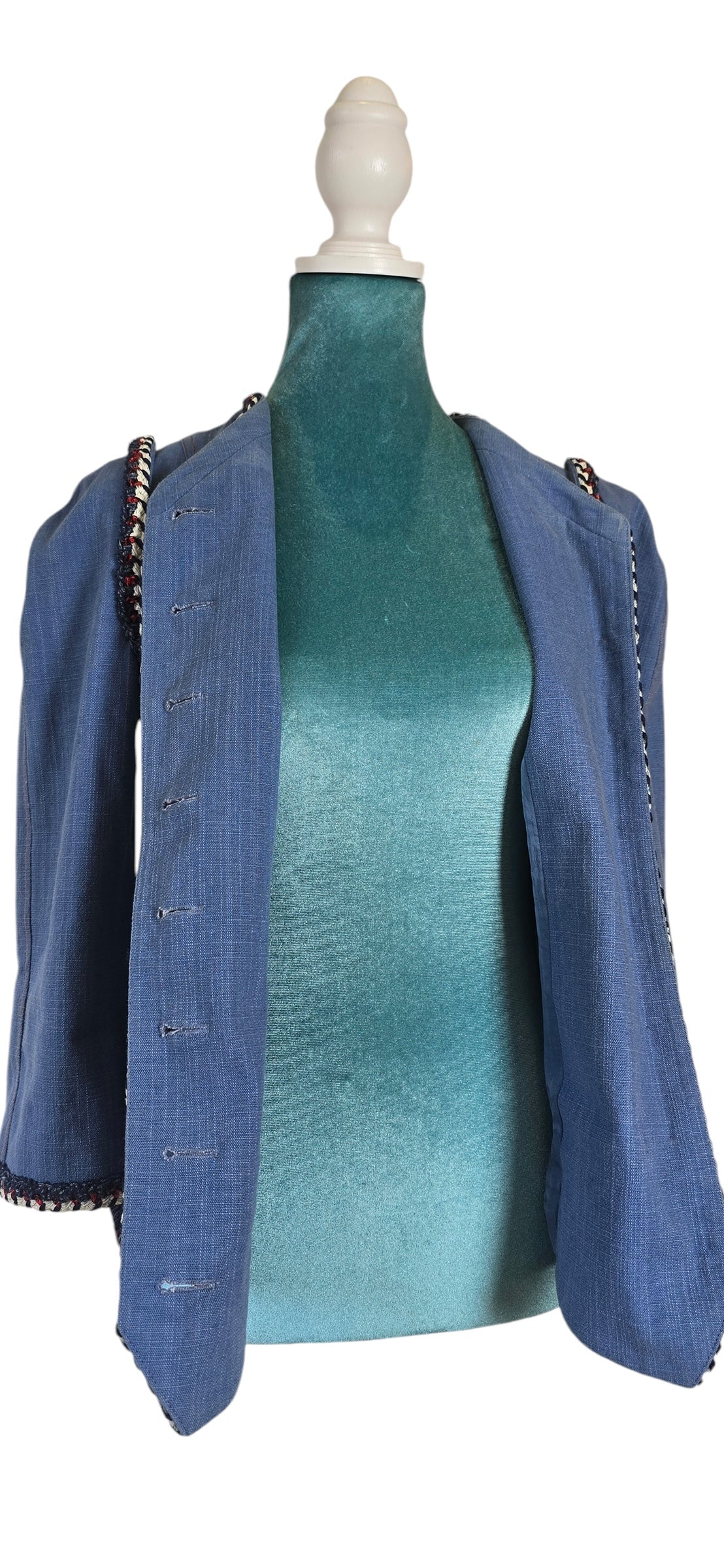 Chanel 13C Paris-Versailles Runway Denim Cotton Blue Braided Trim Jacket FR 38