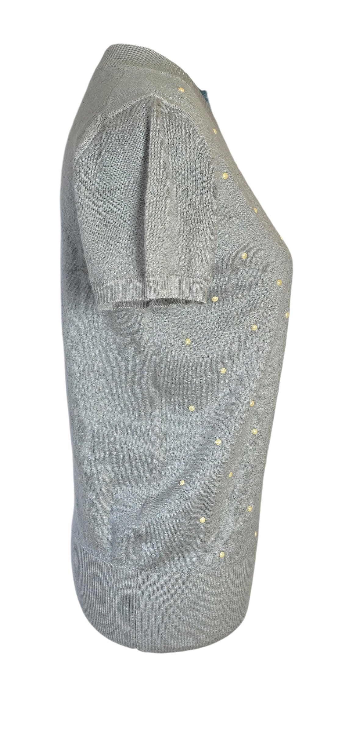 Chanel Cashmere CC Pearl Light Gray Short Sleeve Sweater Blouse FR 38