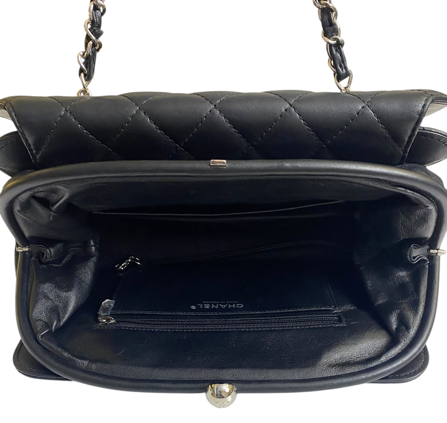 Chanel Classic Black CC Kisslock Lambskin Frame Compartment Bag