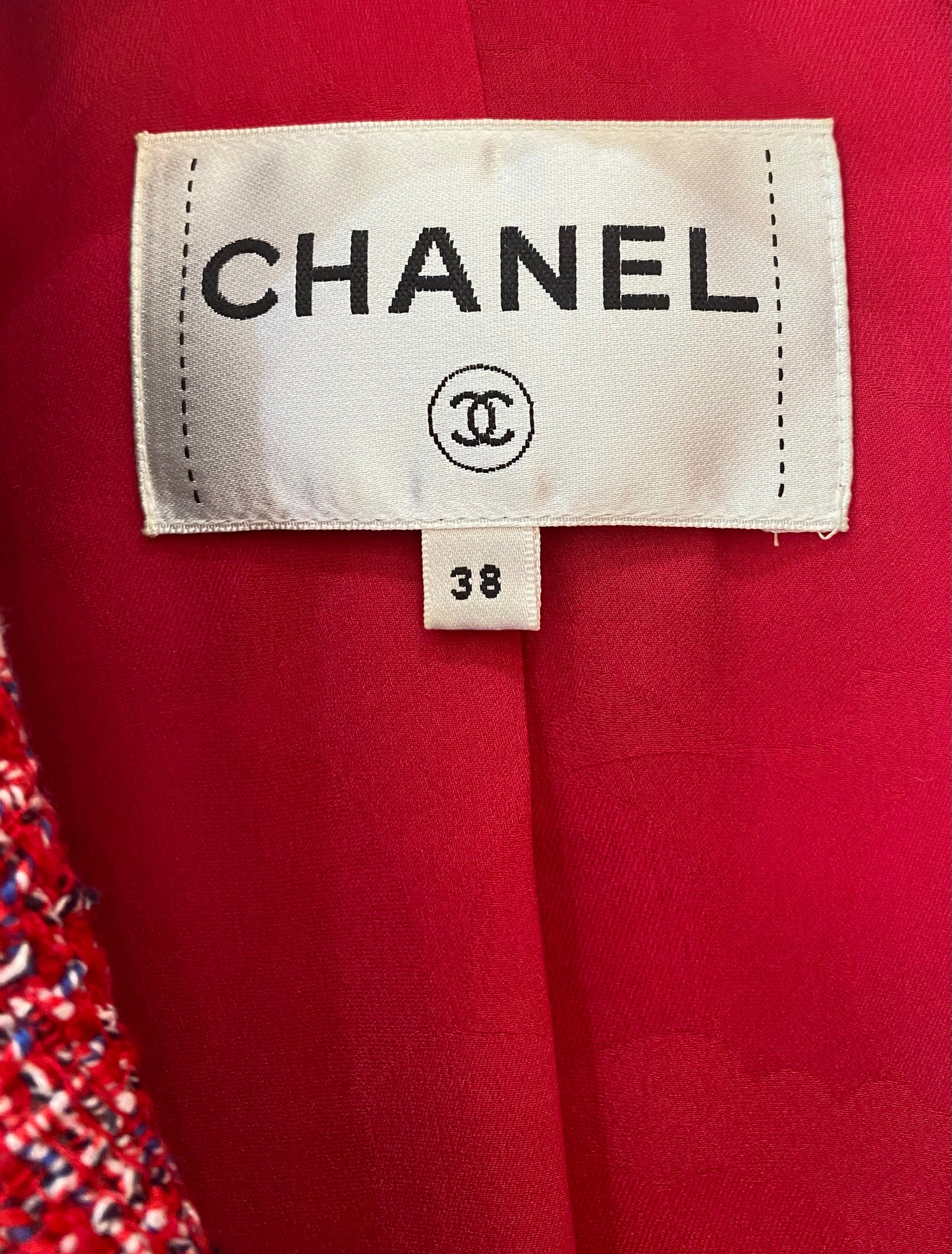Chanel 19C La Pausa Red Tweed Pearl Jacket FR 38