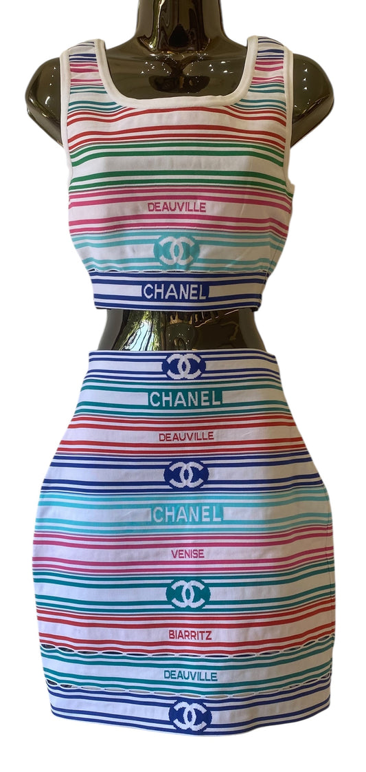 Chanel 19P Multicolor Stripe Crop Top and Skirt Set FR 36