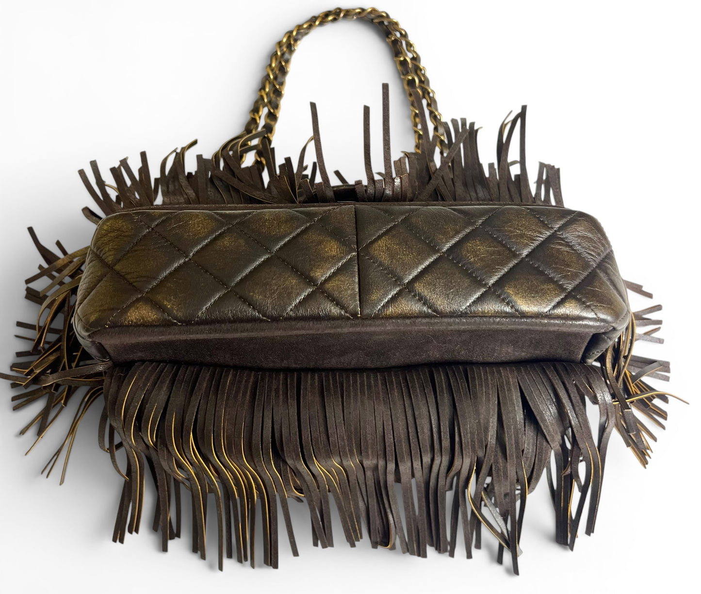 Rare Chanel 14A Paris Dallas Medium Brown Metallic Leather Fringe Classic Flap Bag