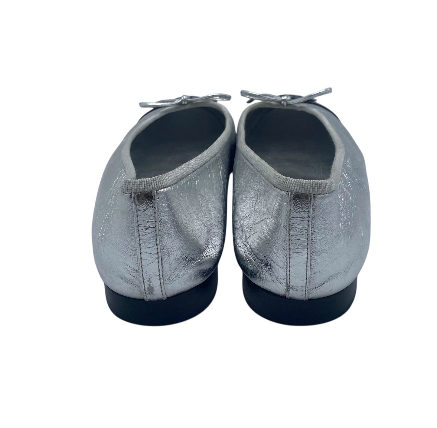 Chanel Metallic Silver Black CC Cap Toe Bow Ballet Flats EU 38