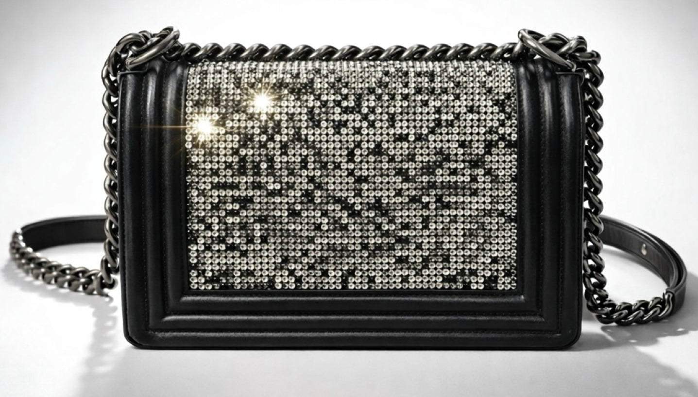 Chanel 14P Swarovski Crystals Small Black Leather Boy Bag