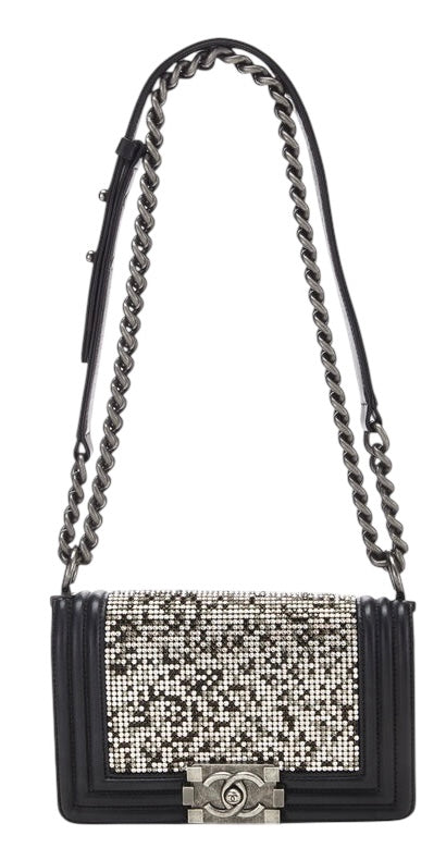Chanel 14P Limited Edition Swarovski Crystals Strass Small Black Leather Boy Handbag