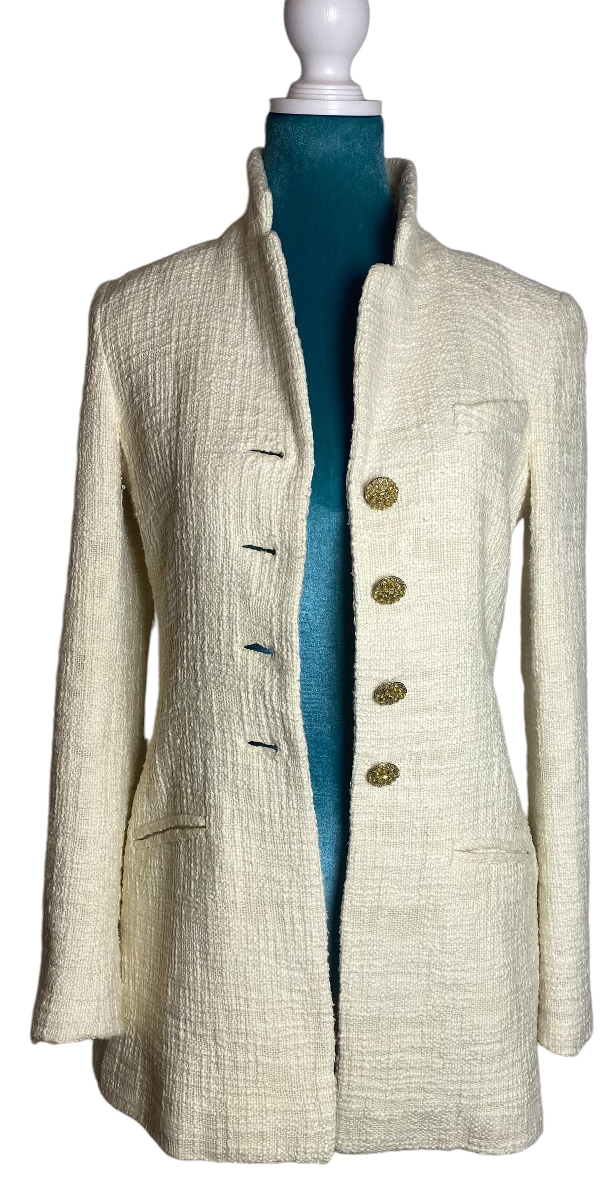 Chanel 12A Paris-Bombay Runway Ivory Ecru Cotton Tweed Blazer Long Jacket FR 38