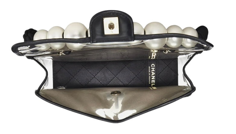 Chanel 19S Runway Medium Black Lambskin PVC Sand By The Sea Pearl Strap Flap Bag