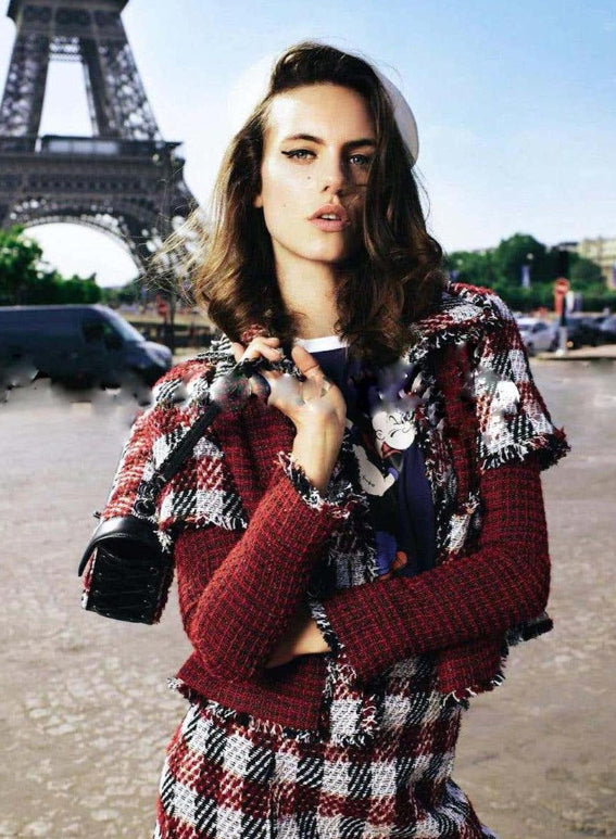 Chanel 16A Runway Burgundy Plaid Tweed Fringe Jacket FR 40
