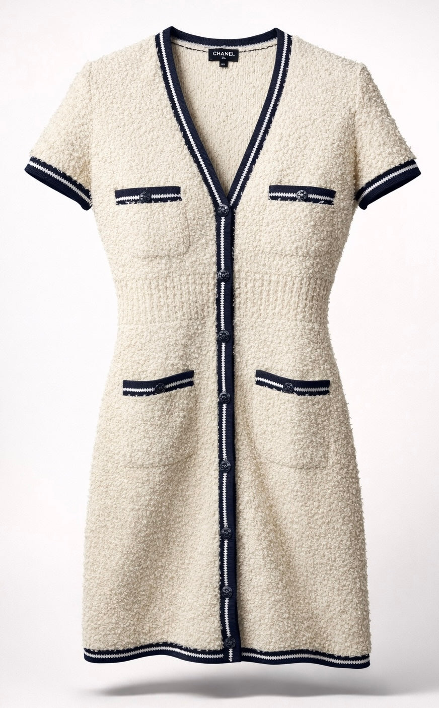 Chanel 19P Sand by the Sea Fantasy Tweed Ivory Navy Short Sleeve Dress FR 36