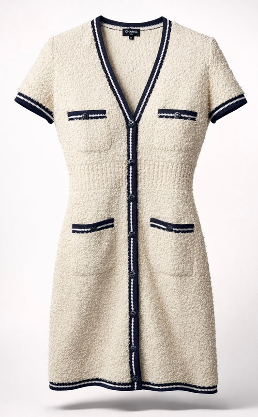 Chanel 19P Sand by the Sea Fantasy Tweed Ivory Navy Short Sleeve Dress FR 36