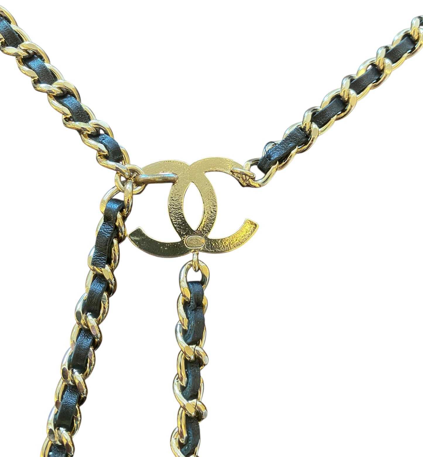 Chanel 2014 Black Leather CC Charm Gold Tone Chain Belt/Necklace