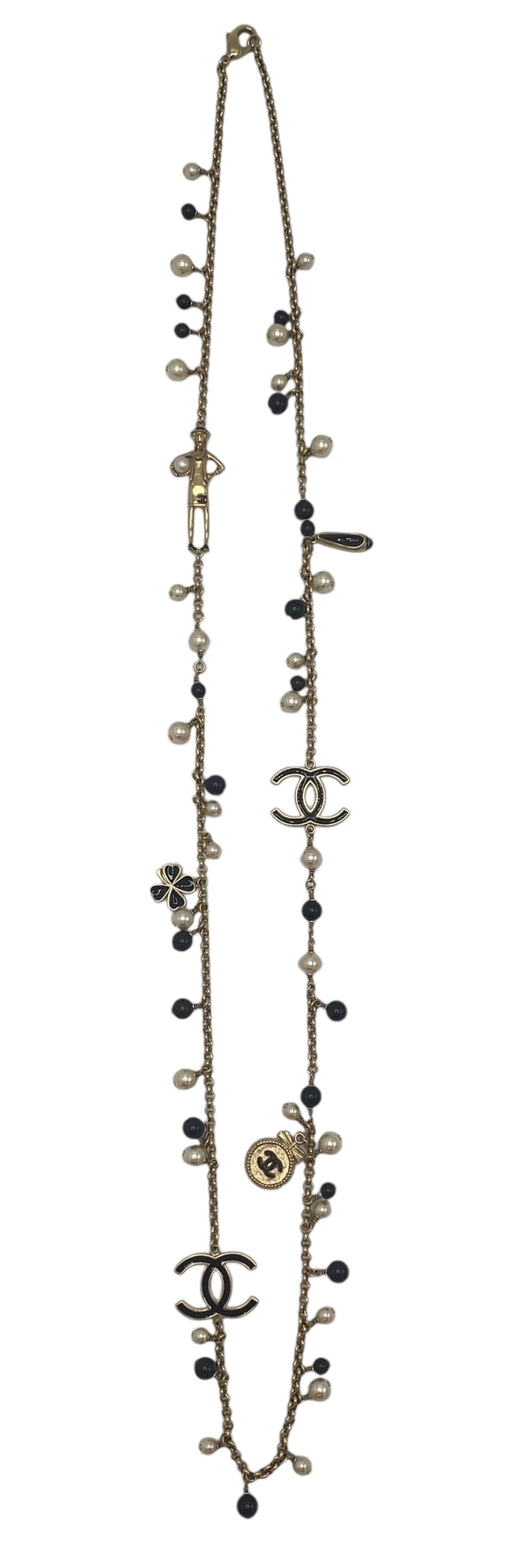 Chanel 14P Limited Edition Coco Lucky Charms Long Gold Black Pearl CC Necklace