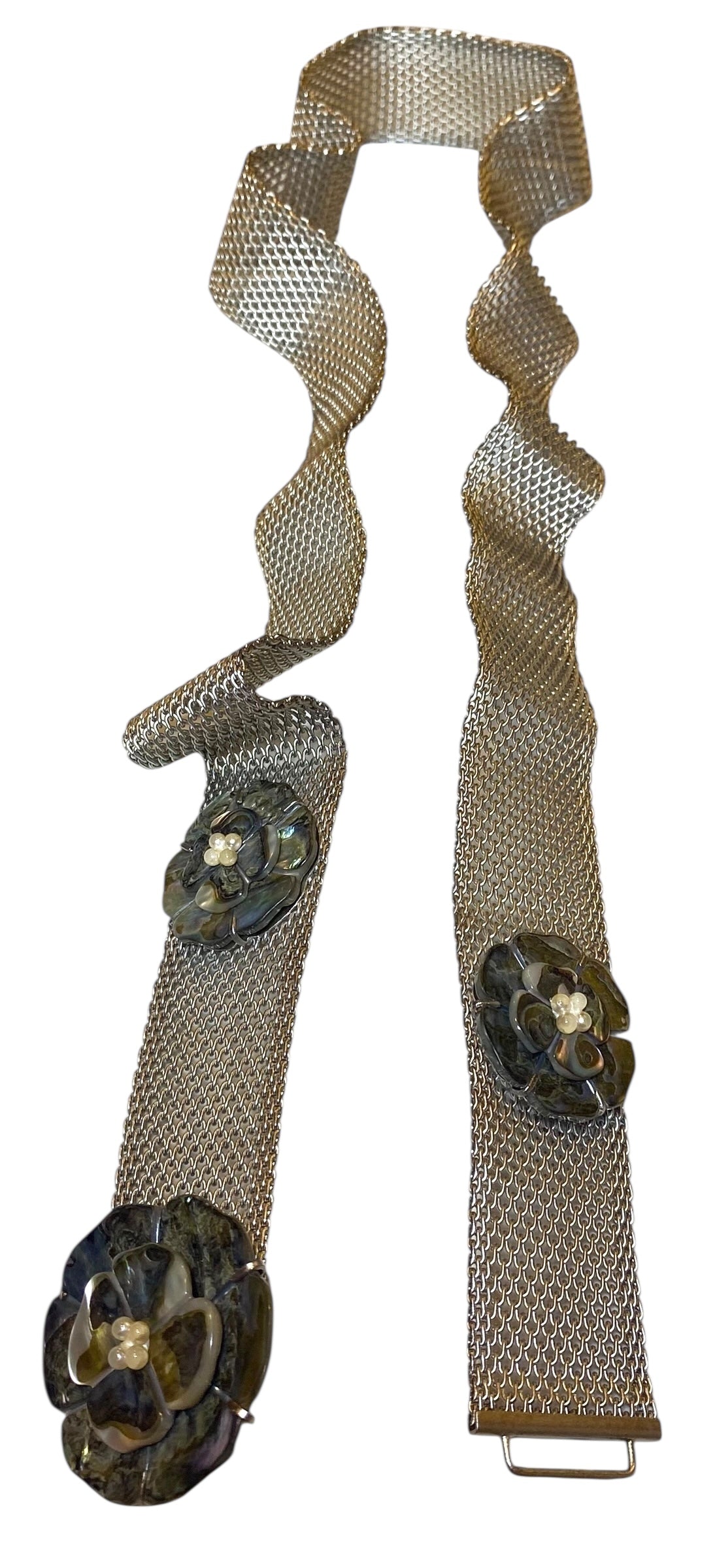 Chanel 98A Mother Of Pearl MOP 3 Camellia Silver Plated Metal Chain Belt