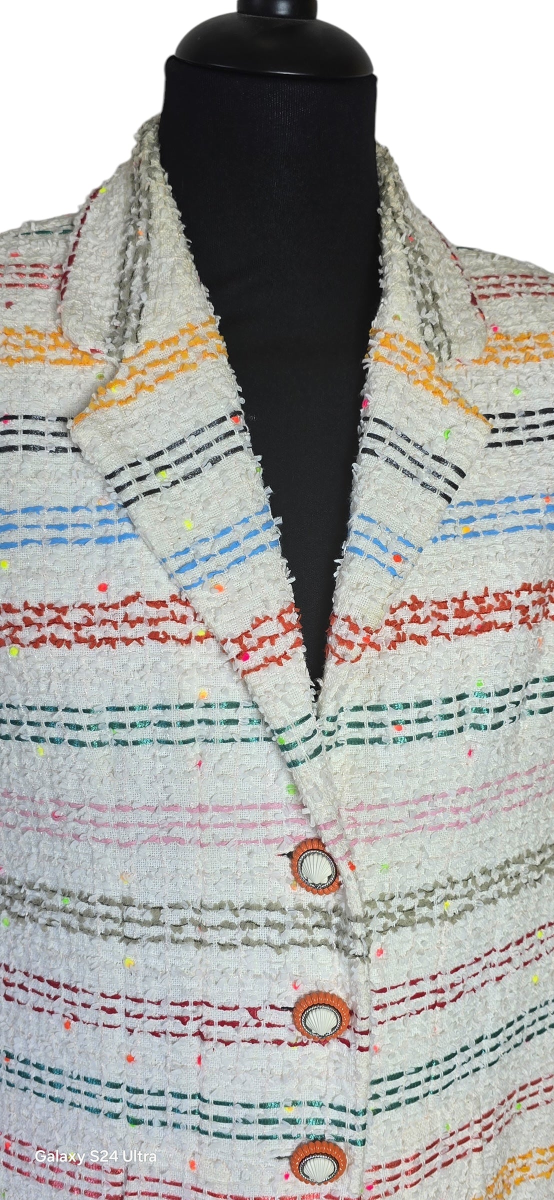 Chanel 19P Runway Oversized Tweed White Striped Long Jacket Coat FR 38