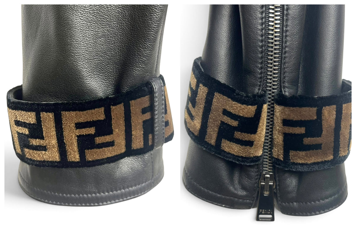 Fendi Black Leather Zucca Velvet Trim Biker Jacket IT 40