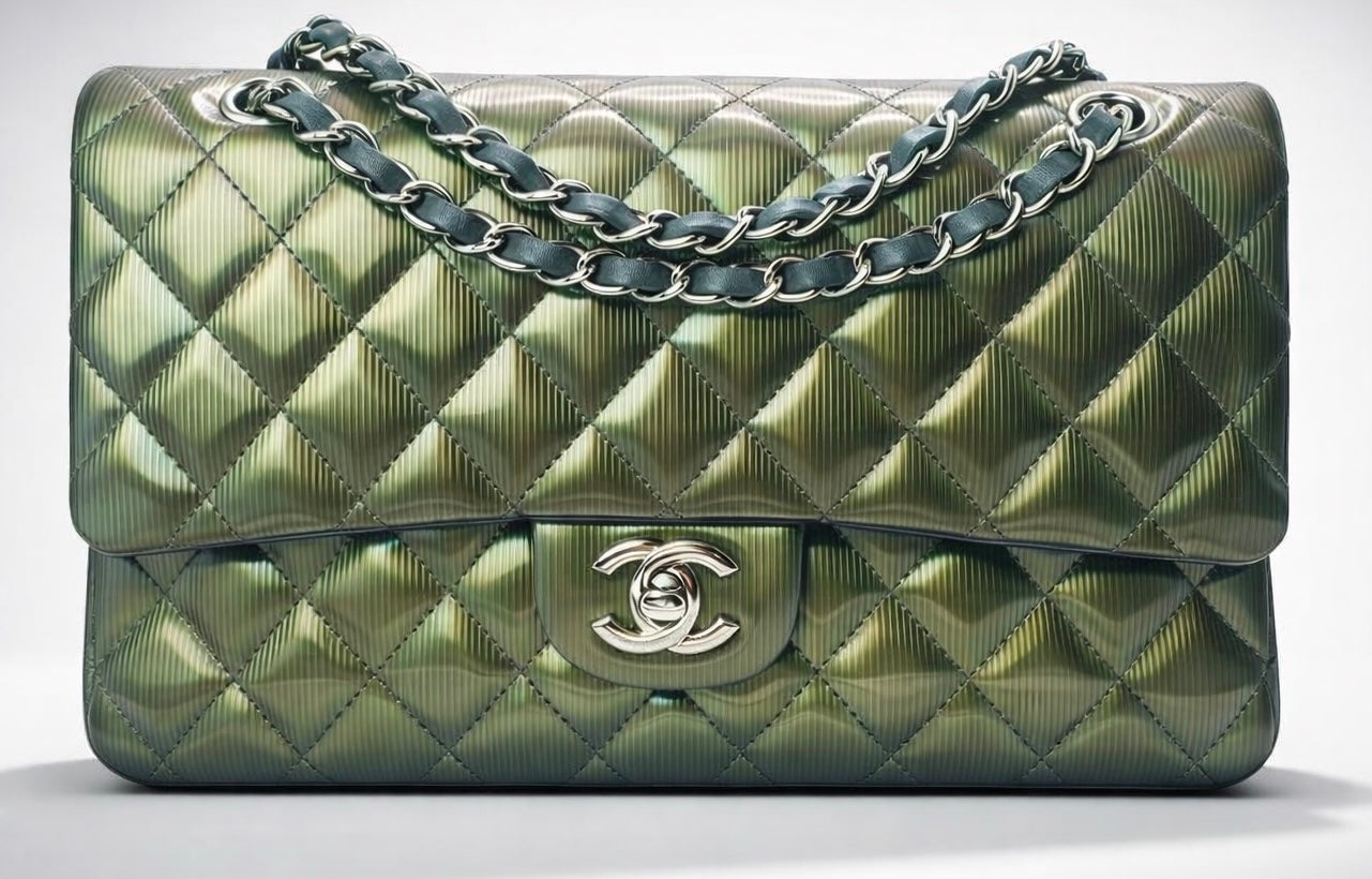 Chanel Medium Double Flap Green Straited Patent Leather Timeless Classic Bag SHW