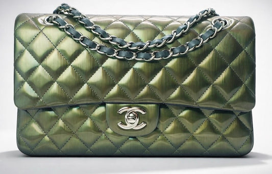 Chanel Medium Double Flap Green Straited Patent Leather Timeless Classic Bag SHW