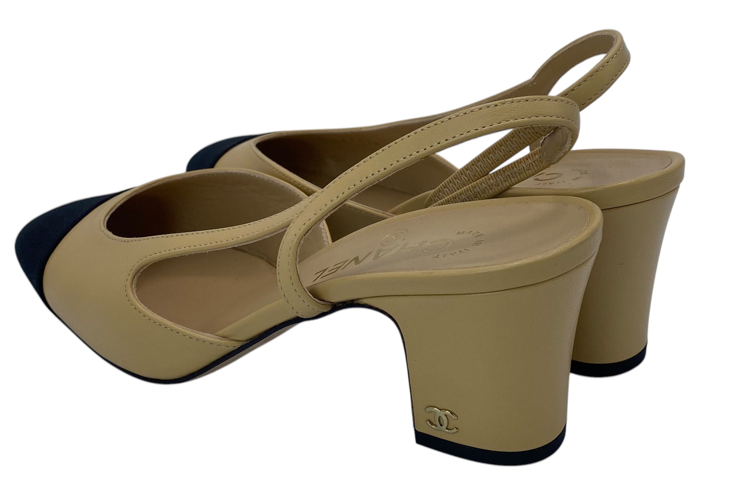 Chanel 23C Tan Leather Black Grosgrain Classic Slingback Pump Heels EU 38.5C