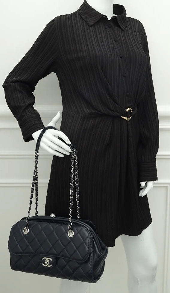 Chanel Classic Black CC Kisslock Lambskin Frame Compartment Bag