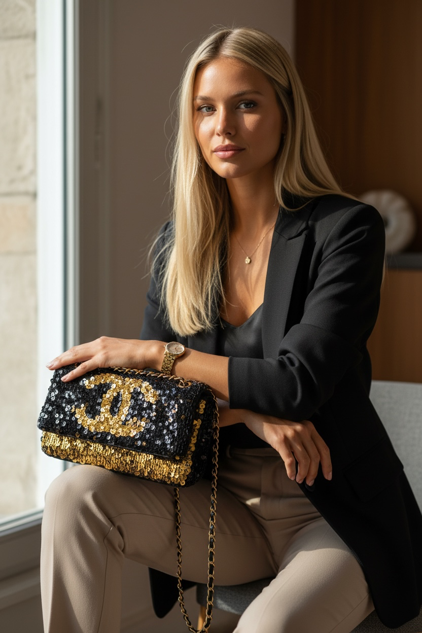 Chanel 08C Blue/Gold Metallic Sequins Summer Nights Medium Flap Bag