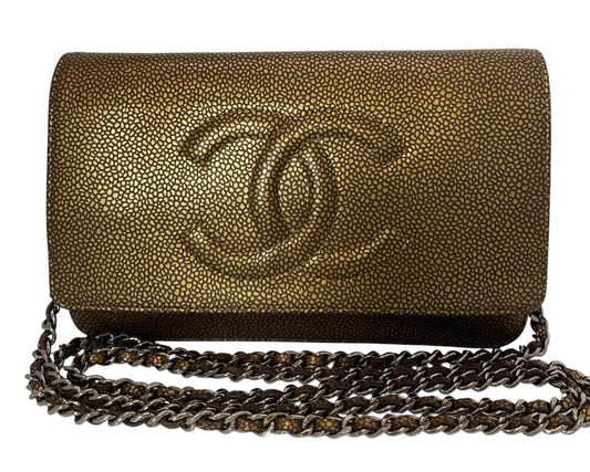 Chanel Gold Bronze Metallic Caviar Timeless Wallet on Chain Double CC WOC