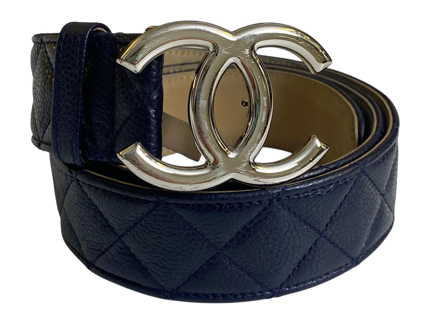 Chanel 13B Navy Blue Caviar Leather Quilted Silver CC Belt Size 90/36