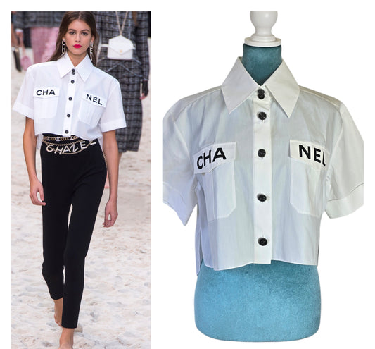 Chanel 2019 Logo Runway White Cropped Shirt Blouse FR 38