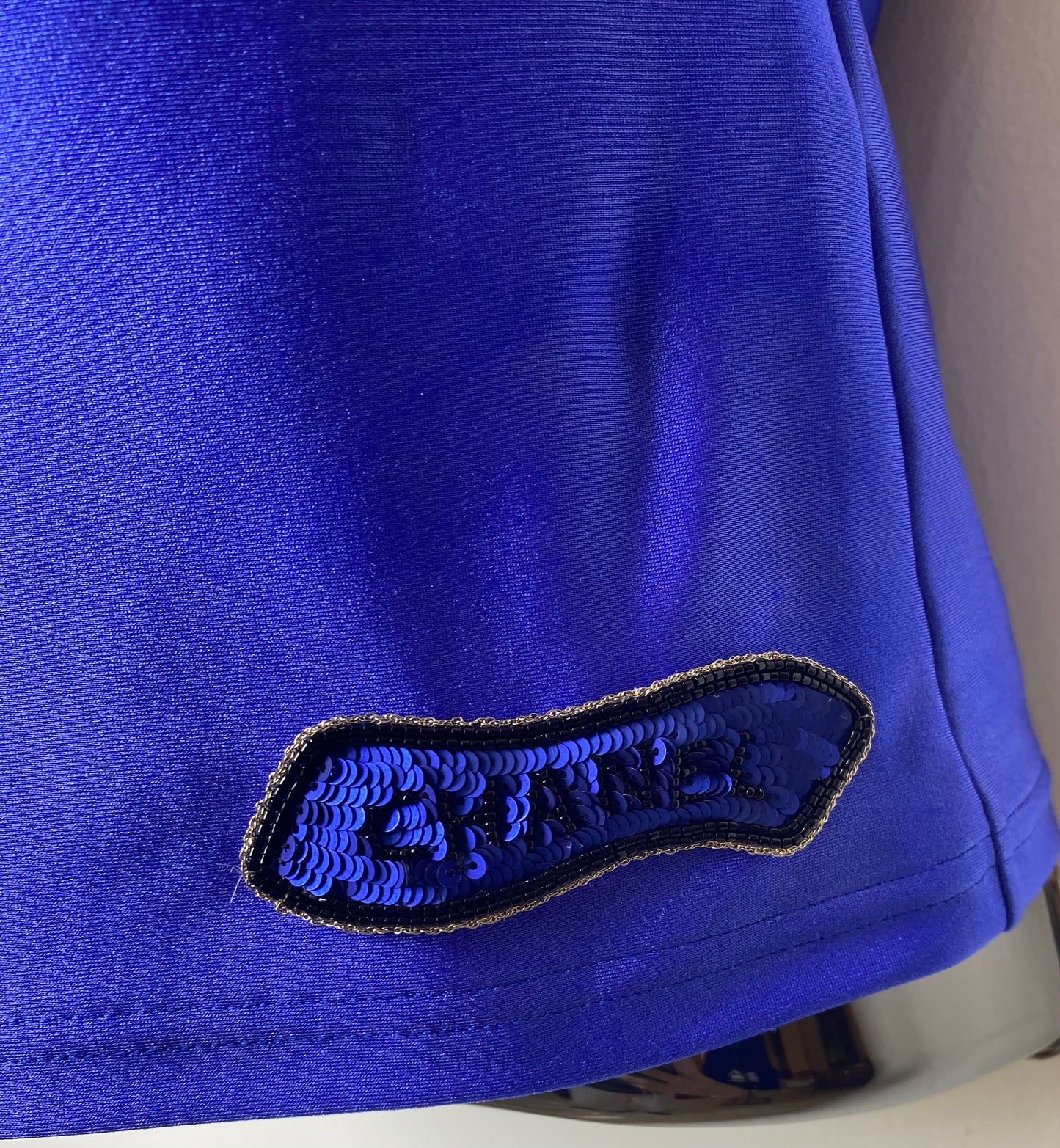 Chanel 21A Runway Royal Blue Sequin Logo Cropped Top Blouse FR 38