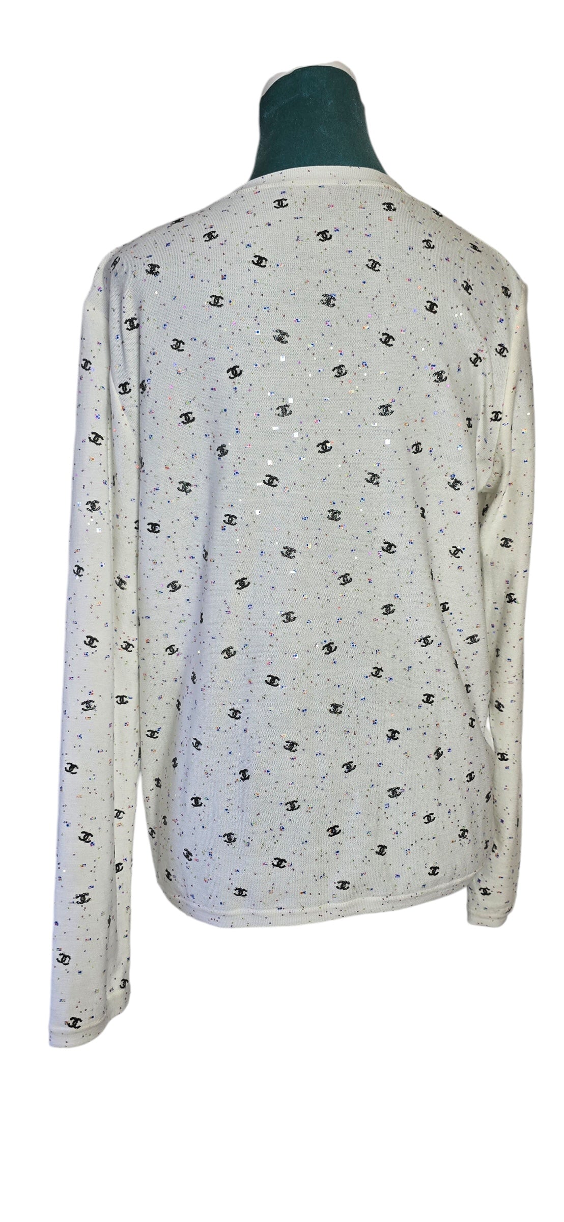 Chanel 20S White CC Logo Sequin Embroidered Long Sleeve Top FR 42