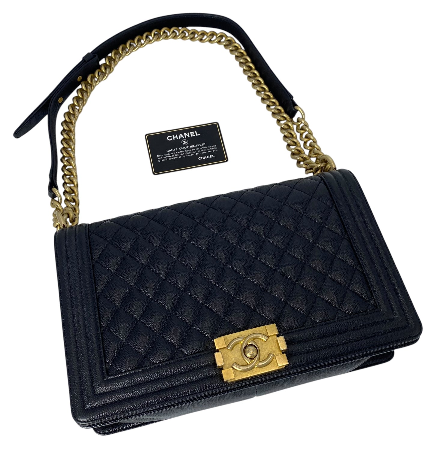 Chanel 2019 Black Caviar New Medium Boy Bag Aged Gold Hardware