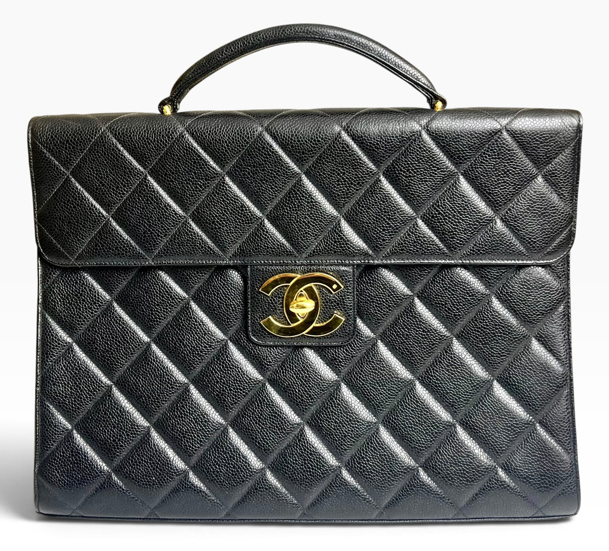 Vintage 90s Chanel XL Jumbo Black Caviar Quilted Classic Briefcase Bag 24K GHW