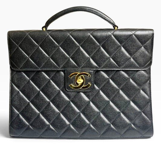 Vintage 90s Chanel XL Jumbo Black Caviar Quilted Classic Briefcase Bag 24K GHW