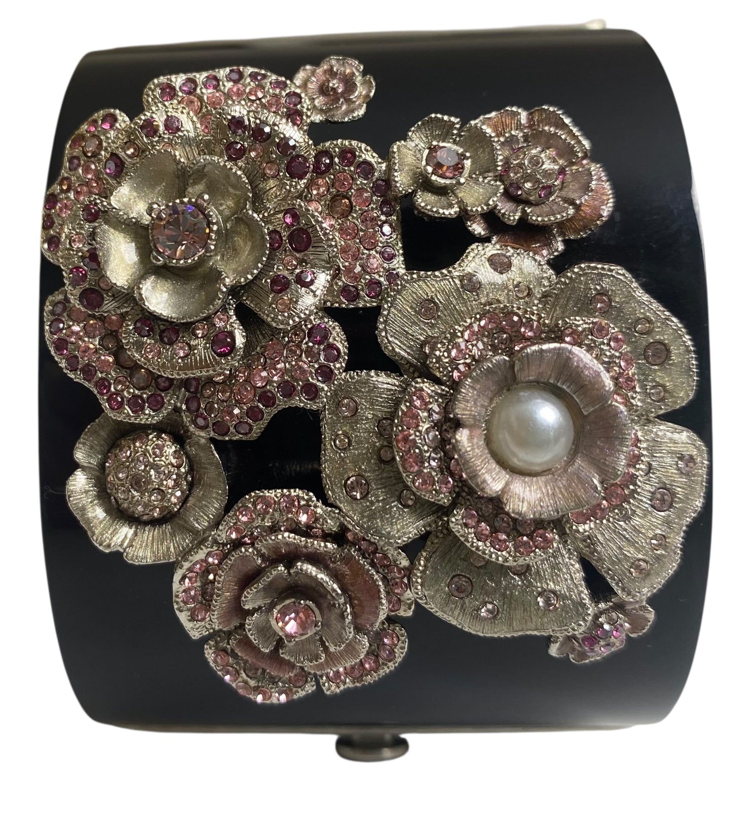 Rare Chanel 12P Black Pink Crystals Camellia Flower Double Sided CC Cuff Bracelet