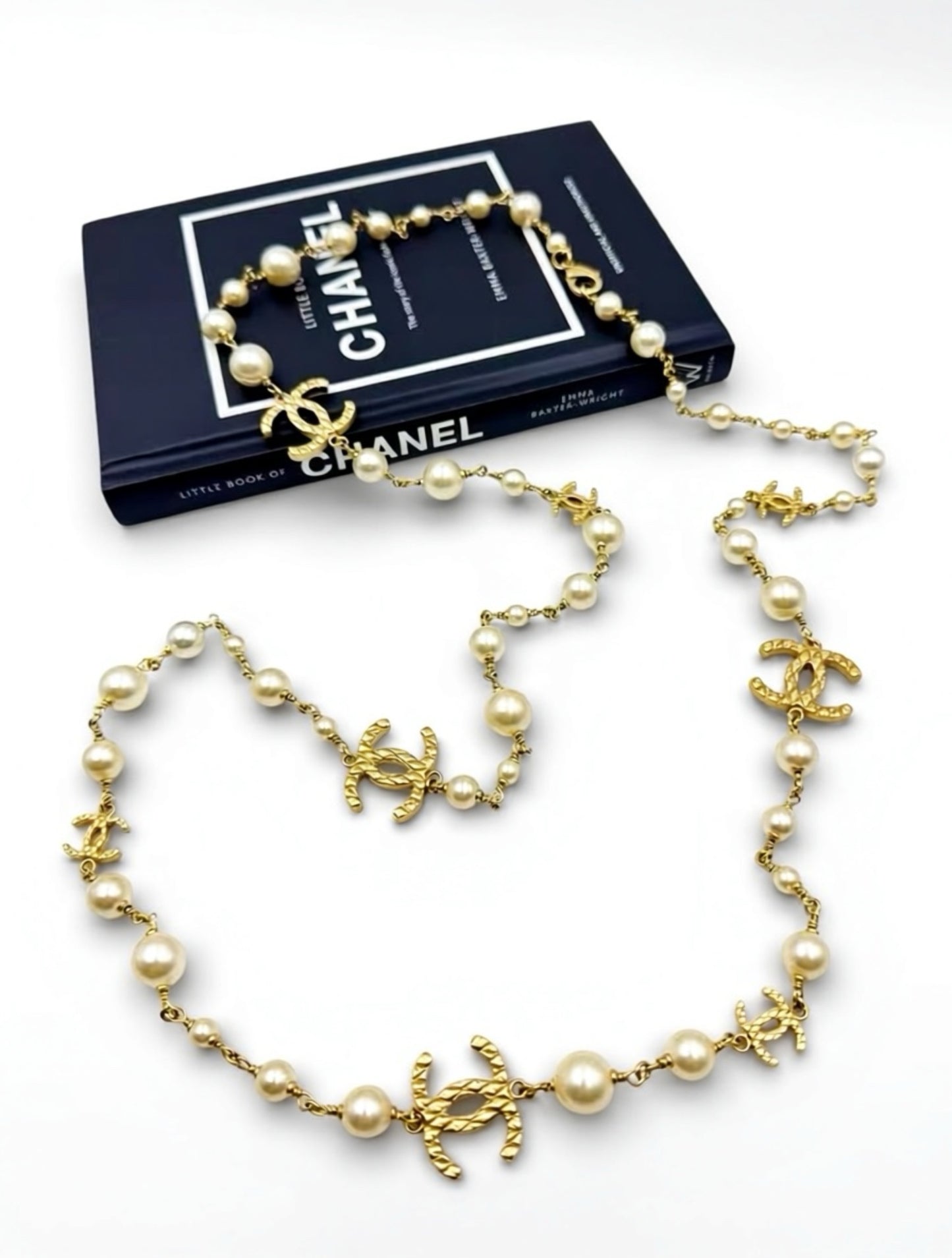 Chanel 10A Shanghai Extra Long 8 CC Logo Pearl Gold Strand Necklace
